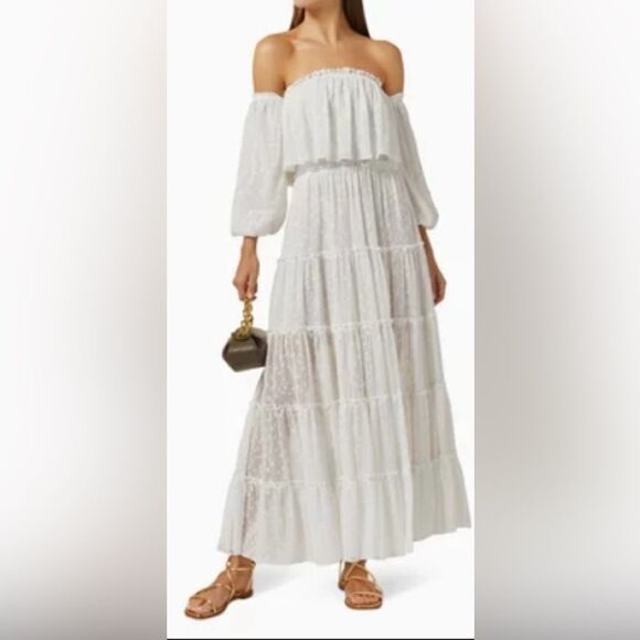 Misa Cassandra Bohemian Romantic white ruffled maxi dress Dress in White dots - Picture 1 of 11